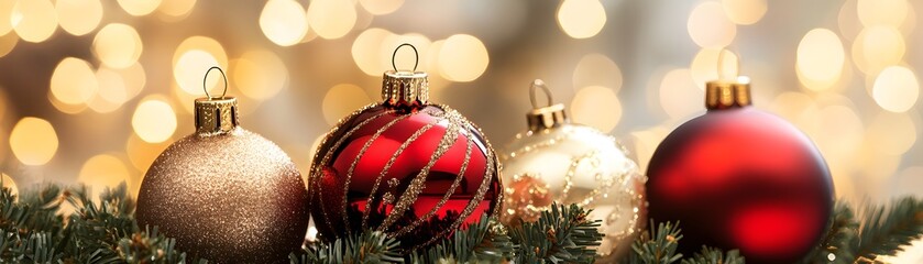 Festive christmas ornaments on a bed of evergreen.