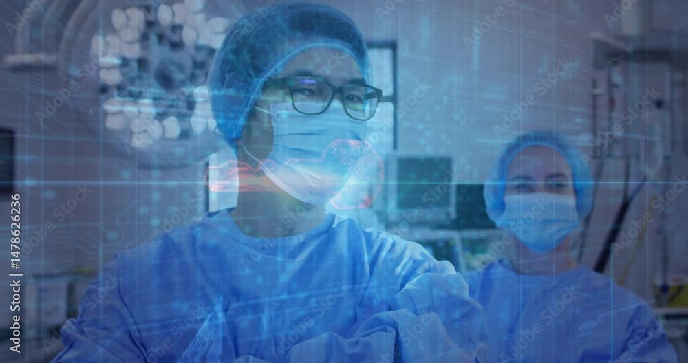 Poster surgeons standing in medical operating room presenting animated data grid over monitors and lights