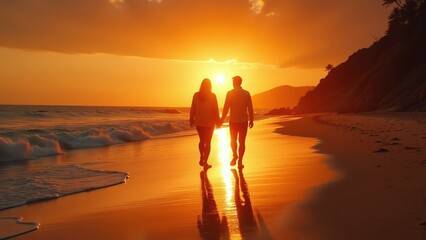 Distant couple walking apart at golden hour sunset, emotional separation, symbolizing too late to reconcile, fading light of memory and regret