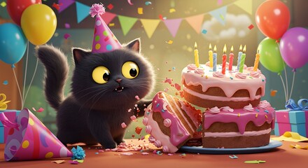 Black Cat Celebrating Birthday with Cake