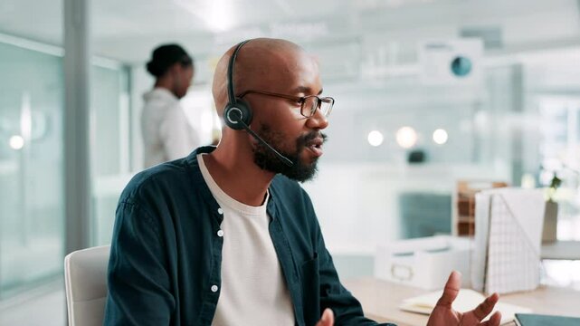 Call center, talking and black man help on computer for customer service, faq and multilingual support agent. Consultant, speaking and assistance for advice, solution or language translation for crm
