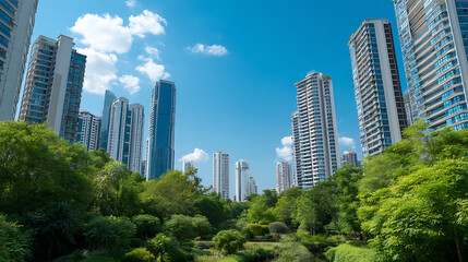 Nature park in a metropolitan city tall skyscraper building skyline copy space. Green infrastructure urban area office buildings 92916458 2