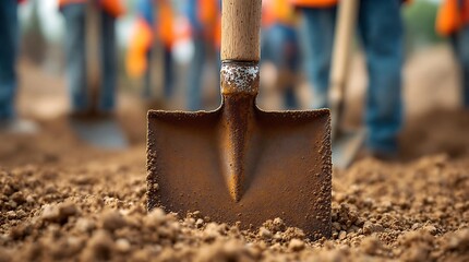 Close up view of a rusty shovel digging in the soil at a construction site during the day
