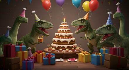 Cartoon Dinosaurs Having a Birthday Celebration