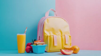 Colorful school backpack and lunch box with fruits, sandwich and juice.