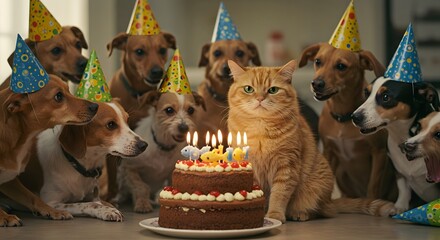 Dogs Wearing Hats Around Birthday Cake