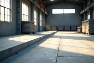 Obraz premium Sunlit Industrial Interior with Stacked Materials and Concrete Floor