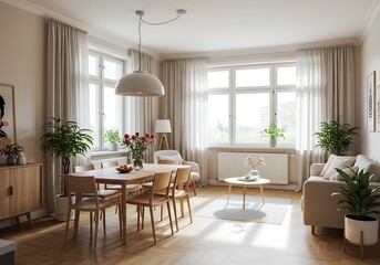 Bright living room with dining table, sofa, plants, and natural light