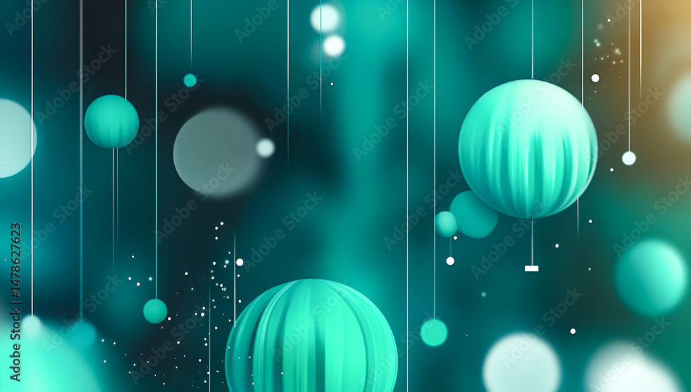 Poster abstract background featuring vibrant teal spheres with depth and dimension floating against a blurr