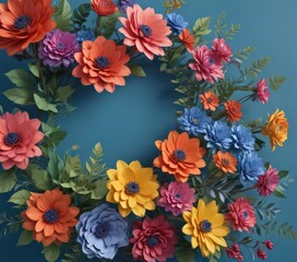 Colorful paper flower arrangement, blue background, copy space, artwork, summer