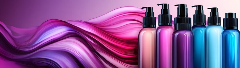 Colorful cosmetic bottles on a dynamic background.
