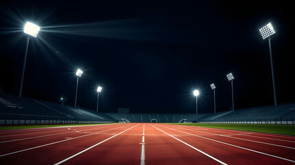 Running track in an empty stadium illuminated at night