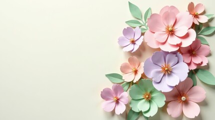 Obraz premium Delicate pastel paper flowers arranged on a soft background, creating a serene and elegant floral composition perfect for springtime celebrations or delicate design projects.
