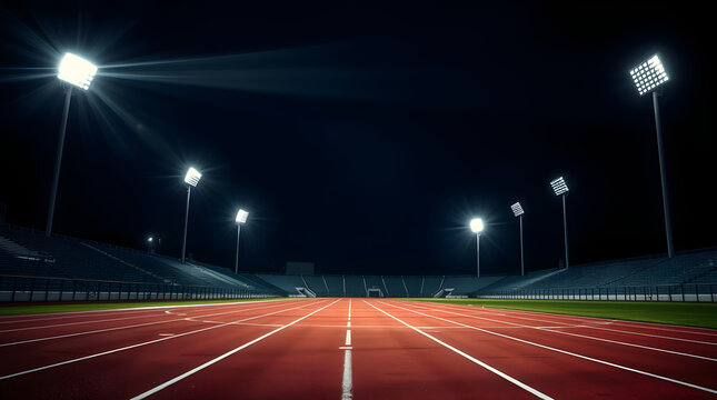 Running track in an empty stadium illuminated at night - Powered by Adobe