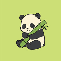 Adorable cartoon panda hugging a green bamboo stick. Perfect for children's designs, kawaii illustrations, cute animal themes, and nature-related artwork.