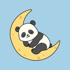 Cute cartoon panda sleeping on a yellow crescent moon. Perfect for children’s designs, bedtime themes, nursery art, and kawaii illustrations.