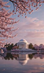 Obraz premium Jefferson Memorial reflected in tidal basin, cherry blossoms in foreground, festival, picture, branches