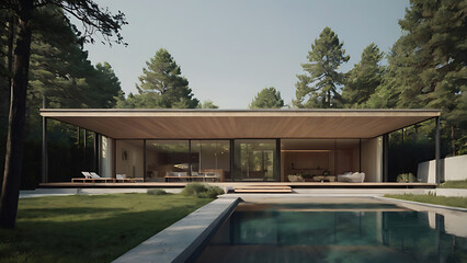 Fototapeta premium Modern minimalist home with a swimming pool surrounded by lush green trees