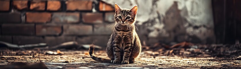 A tabby cat sits amidst debris and aged brick.