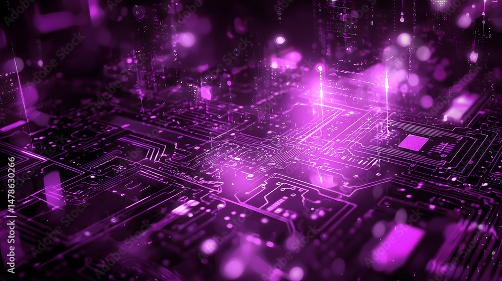 Poster exploring digital innovation virtual space visual design futuristic environment circuit board patter