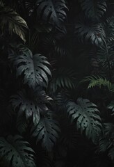 Intricate dark tropical leaves, vines, shadows on black  Lush, mysterious jungle foliage ,  illustration,  backdrop,  green