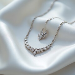 Platinum Jewelry Set Arranged on Silk Fabric