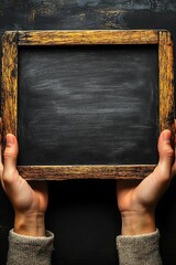 Empty chalkboard held by hands