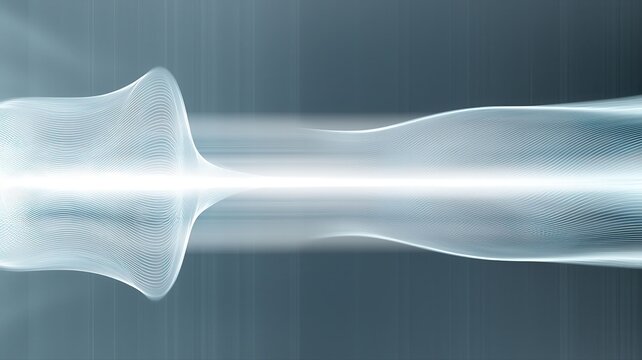 Elegant scientific schematic of the double-slit experiment, showing coherent light passing through two narrow slits and forming an interference pattern in soft grey and blue tones. Clean physics desig