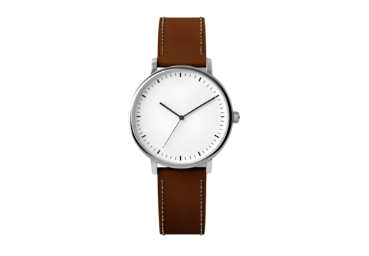  A watch icon with a white face and brown strap, simple in style, rendered in Octane render on a transparent background,