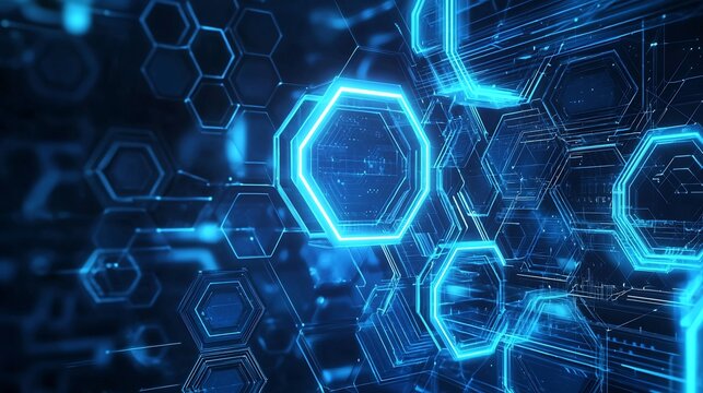 Stock photo concept: An abstract art tech background featuring a geometric fusion of bright blue neon hexagons, futuristic science inspired shapes, and a high tech digital texture