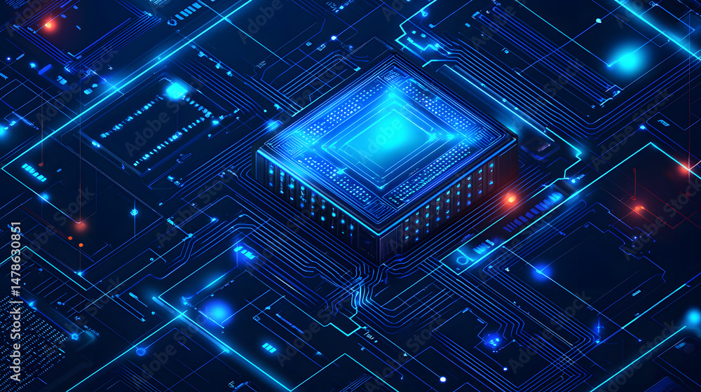 Poster exploring technology advancements digital landscape circuit board patterns virtual environment futur