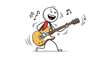 Energetic stick figure guitarist passionately performing with musical notes