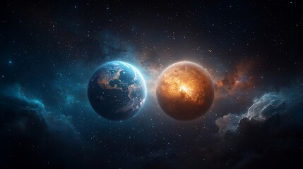 Obraz premium Two planets, one vibrant blue, one fiery orange, in a cosmic expanse
