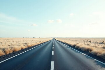Fototapeta premium Asphalt ribbon unwinding towards a pale horizon, flanked by sun-bleached grassland under a vast, serene sky.