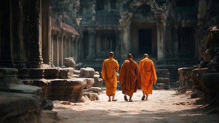 Monks walking in old temple courtyard, golden robes