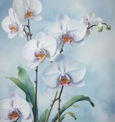 Fototapeta premium Close-up watercolor painting of Phalaenopsis orchids against a soft blue wash, highlighting Philippine botanical details , exotic, leaves