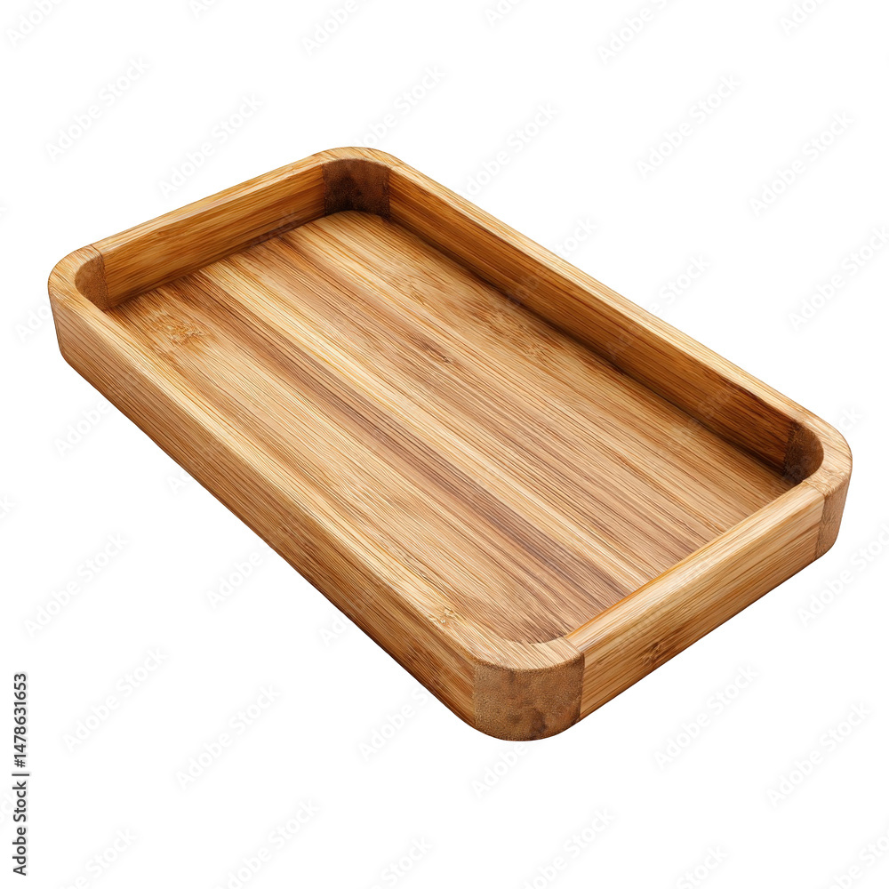 Poster rectangular bamboo tray is displayed on a dark background in a studio setting