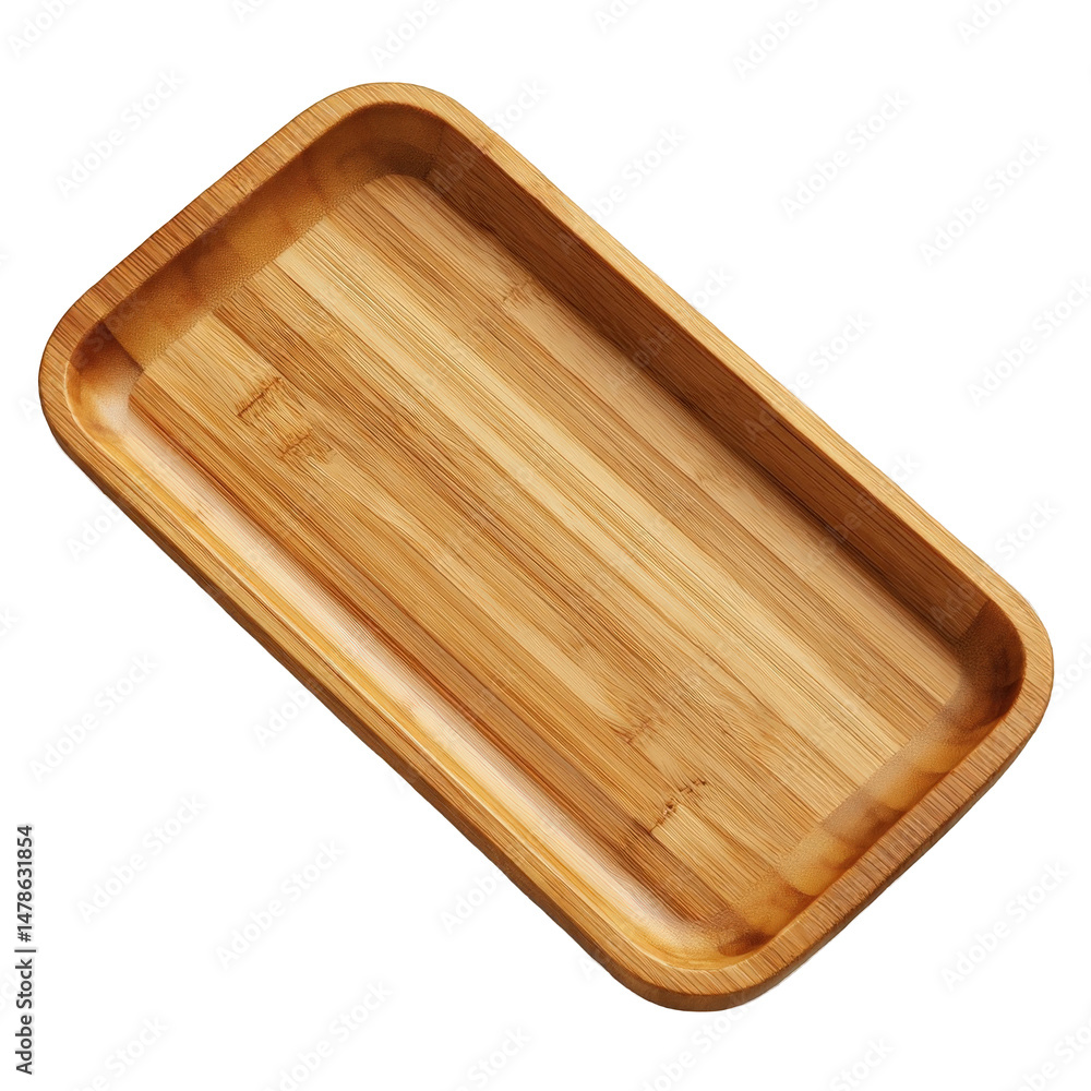 Poster rectangular bamboo tray with a smooth surface is isolated on a dark background