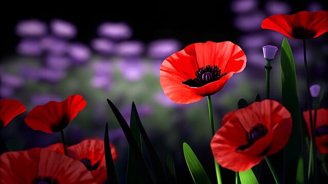 Vibrant Red Poppies in a Purple Flower Field