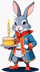 A cartoon rabbit is joyfully holding a birthday cake with a lit candle on it