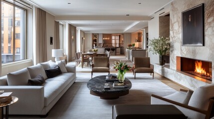 Fototapeta premium contemporary living room with open concept view through to dining room kitchen and a marble fireplace