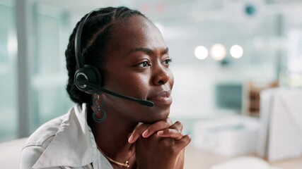 Call center, black woman and talking on headset for questions, consulting and support with listening. Office, female person and business agent with advice for customer service, crm help and speaking - Powered by Adobe