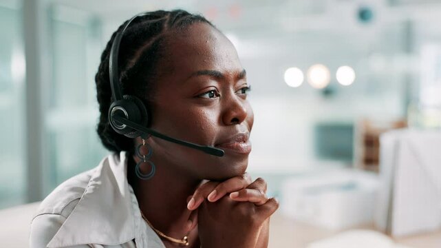 Call center, black woman and talking on headset for questions, consulting and support with listening. Office, female person and business agent with advice for customer service, crm help and speaking