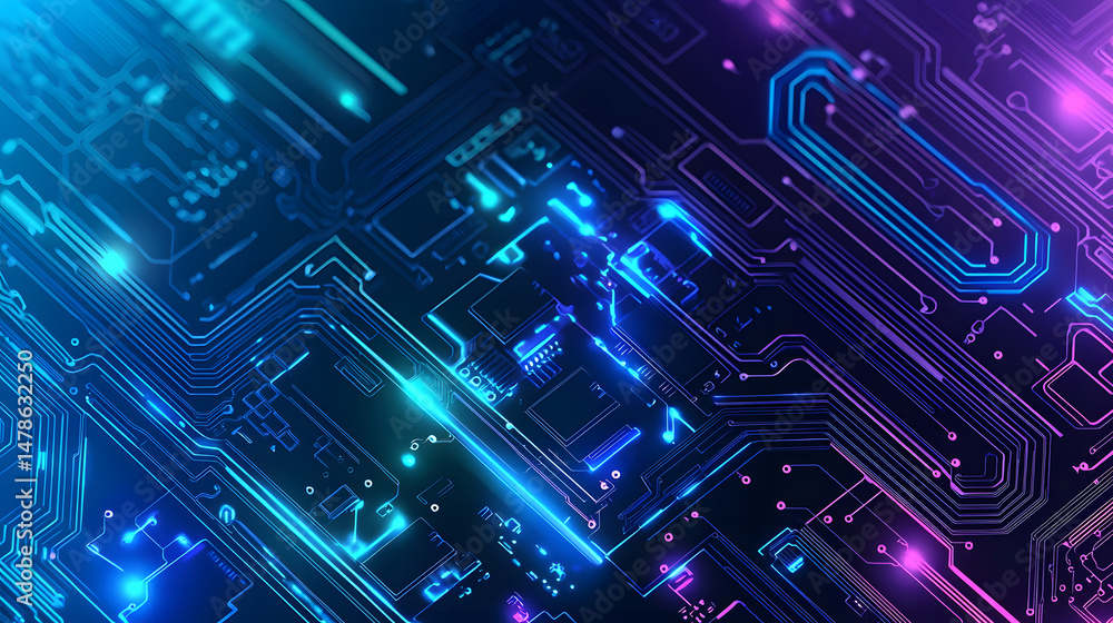 Poster exploring technology trends digital landscape circuit board patterns virtual environment abstract vi
