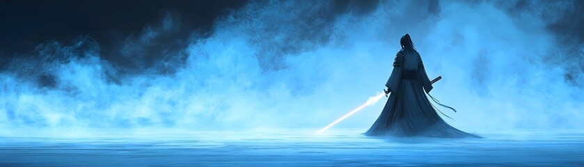 Mysterious figure with glowing blade in a misty landscape.