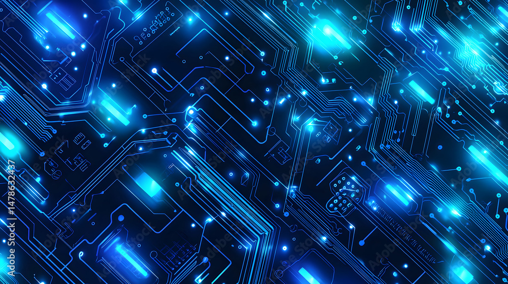 Poster exploring technology trends virtual environment digital art circuit board patterns futuristic viewpo