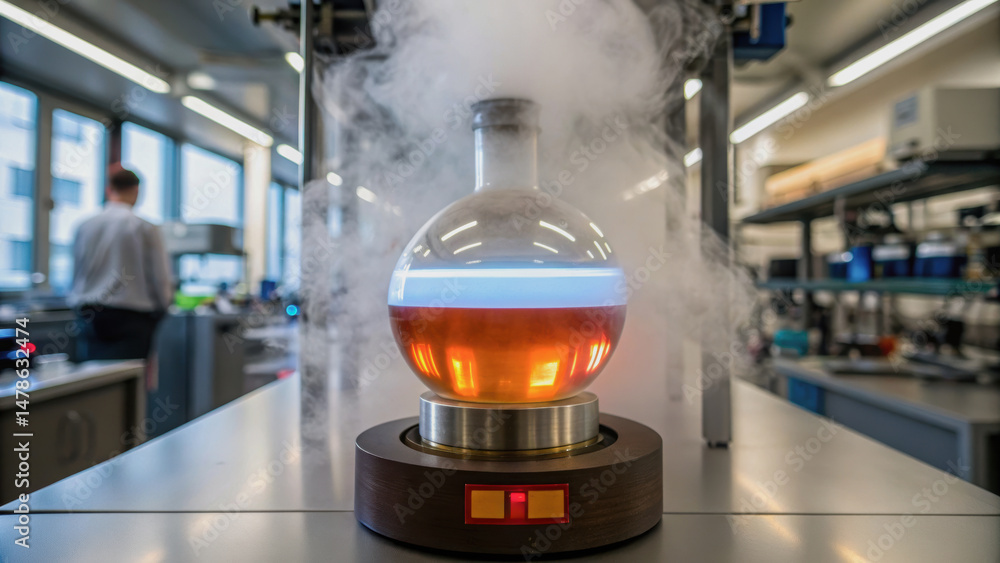 Poster pharmaceutical laboratory active with round flask containing chemical solution and steam showing pro