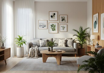 Fototapeta premium Bright living room with neutral tones, plants, and modern decor