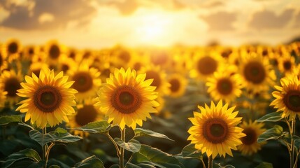 Fototapeta premium Golden Hour Sunflower Field: A Serene Sunset Landscape