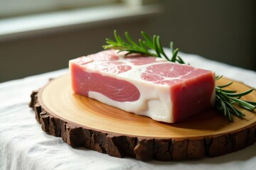 A succulent cut of cured meat, delicately marbled and resting on a rustic wooden board, accompanied by a sprig of fragrant rosemary.